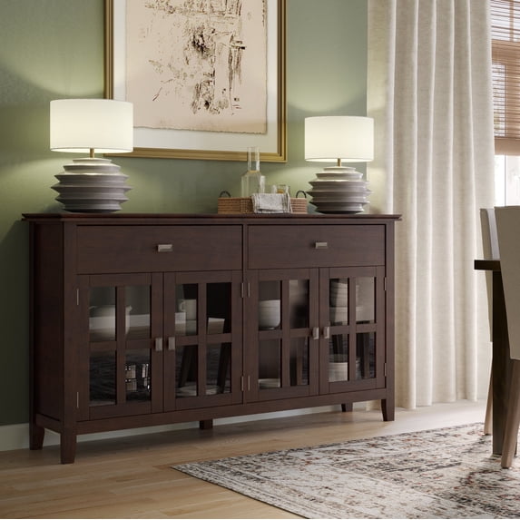 Artisan 60 inch Wide Solid Wood Transitional Large 4 Door Sideboard Buffet in Dark Chestnut Brown