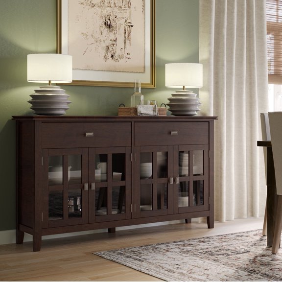 Artisan 60 inch Wide Solid Wood Transitional Large 4 Door Sideboard Buffet in Dark Chestnut Brown