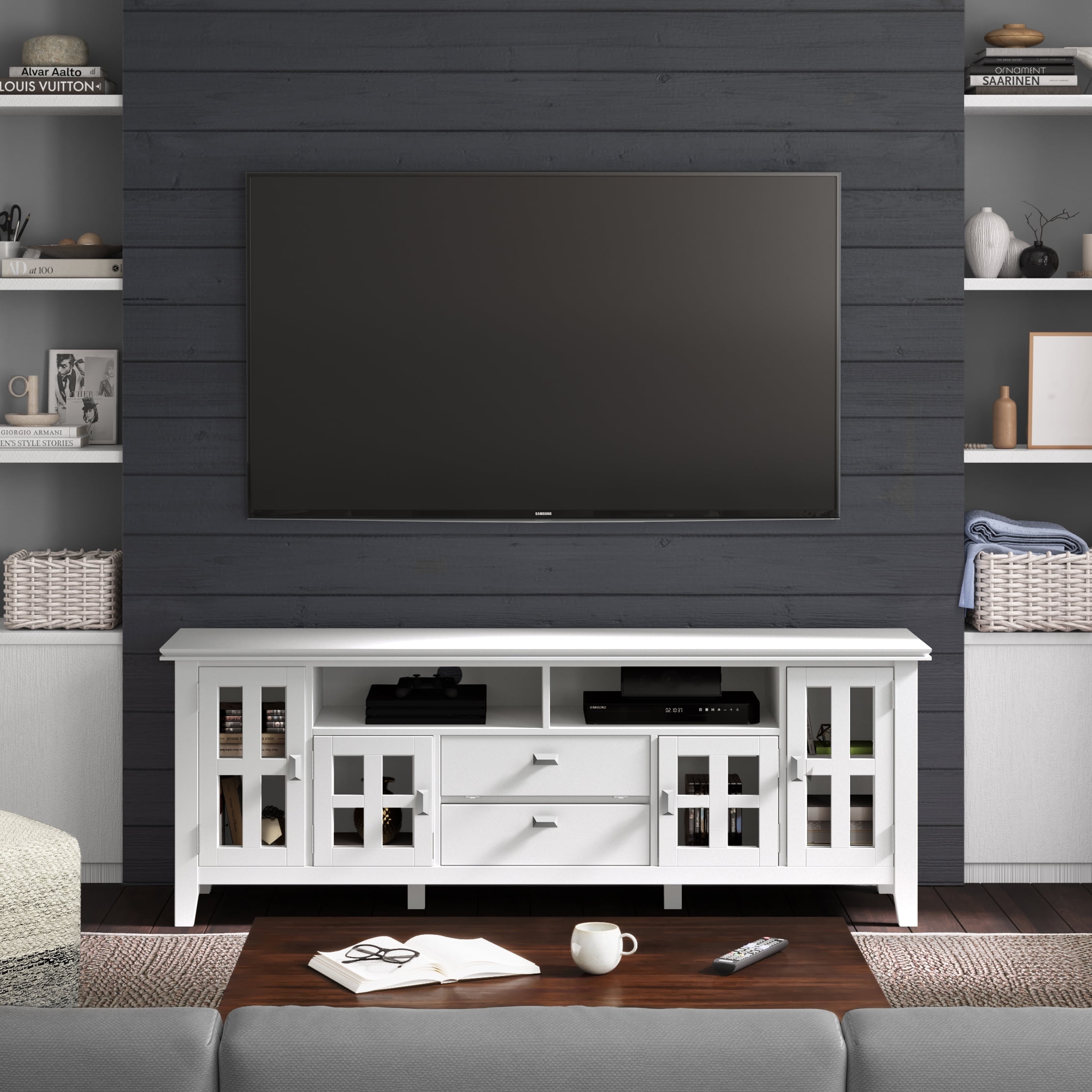 White Solid Wood 72 Inch TV Media Stand with Cabinets