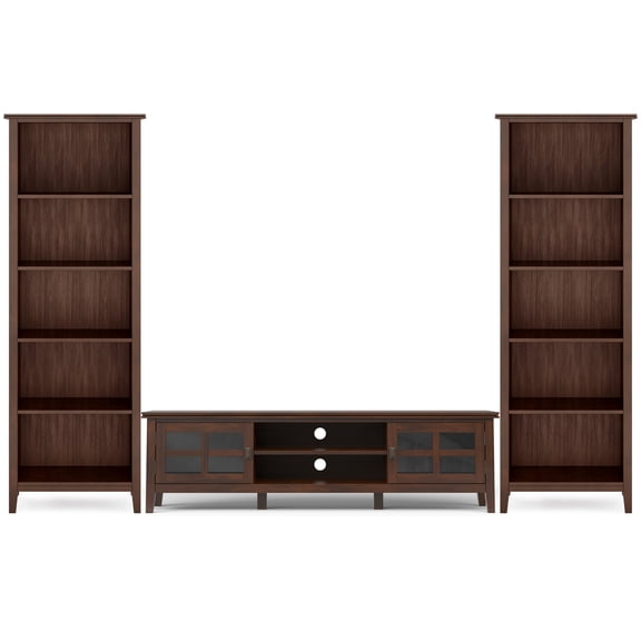Artisan Solid Wood Contemporary 72 inch Wide Low TV Stand with Two 26 inch Wide 5 Shelf Bookcases in Russet Brown (Set of 3)
