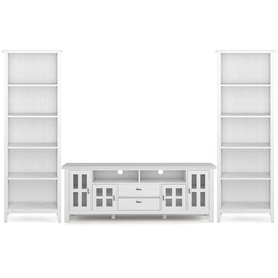 Simpli Home Artisan Solid Wood Contemporary 72 inch Wide TV Stand with Two 26 inch Wide 5 Shelf Bookcases in White (Set of 3)