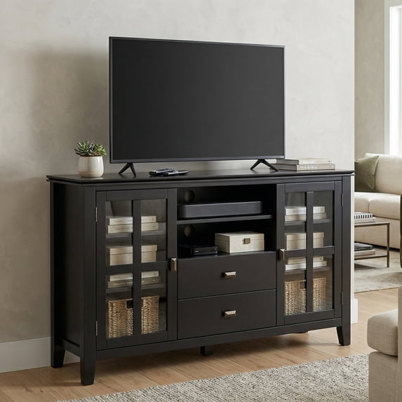 Simpli Home Artisan 53 inch Wide Solid Wood Tall TV Stand in Black For TVs up to 60 inches