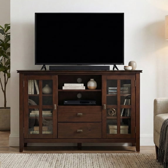 Simpli Home Artisan 53 inch Wide Solid Wood Tall TV Stand in Russet Brown For TVs up to 60 inches