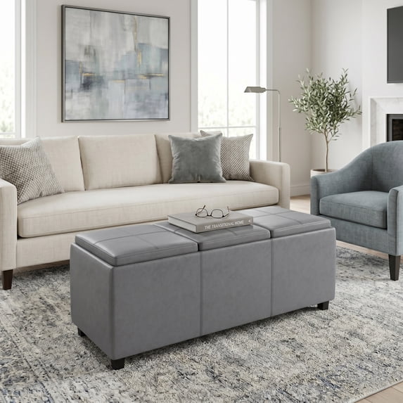 Simpli Home Avalon 3 Faux Leather Tray Bench in Stone Gray