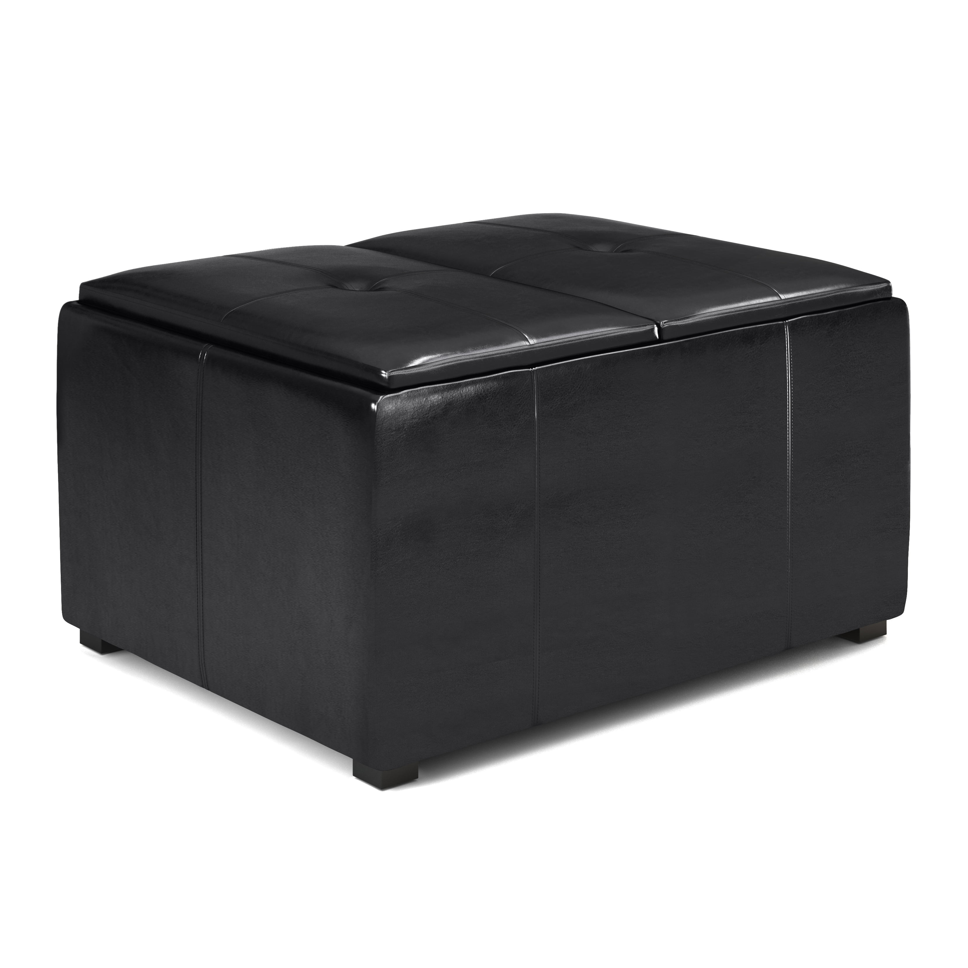 Simpli Home Avalon 34in.W Coffee Table Storage Ottoman in Midnight Black Faux Air Leather