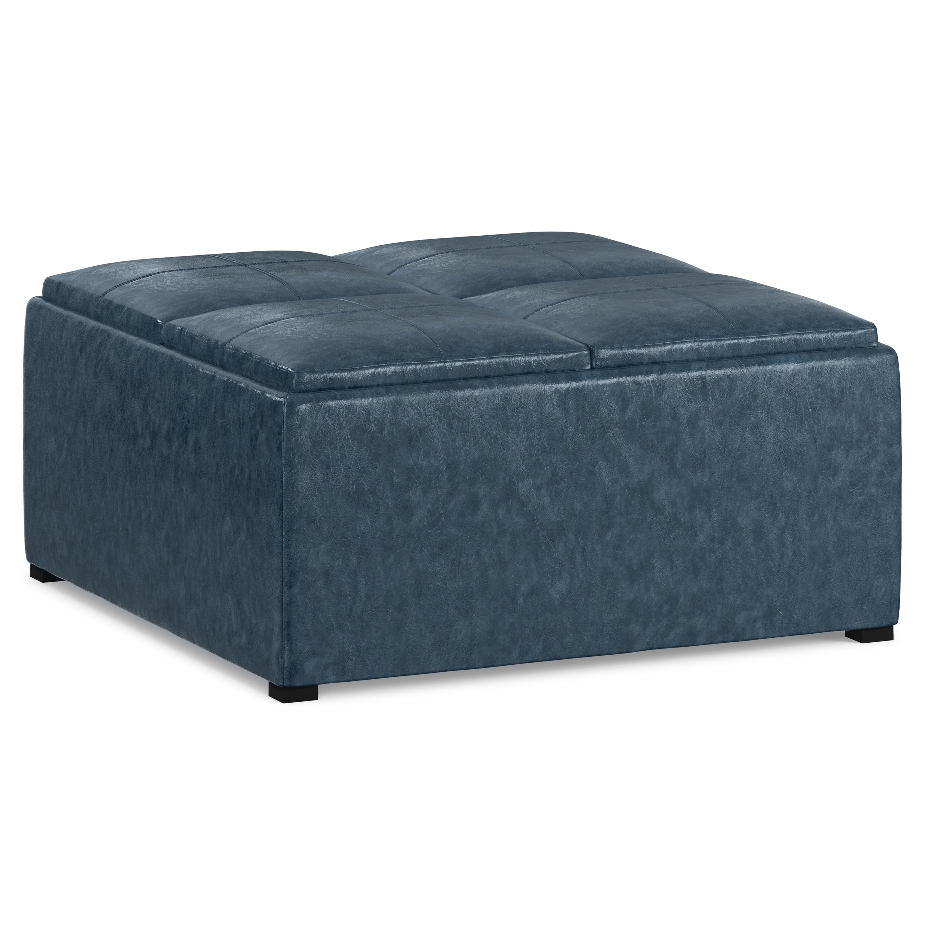 Avalon 35 inch Wide Contemporary Square Coffee Table Storage Ottoman in Denim Blue Vegan Leather