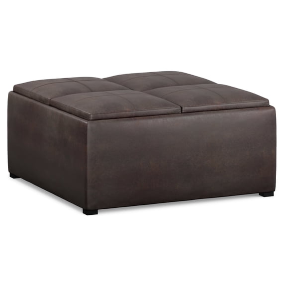 Avalon 35 inch Wide Contemporary Square Coffee Table Storage Ottoman in Distressed Brown Vegan Leather