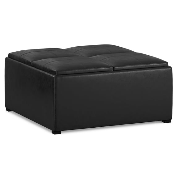 Avalon 35 inch Wide Contemporary Square Coffee Table Storage Ottoman in Distressed Black Vegan Leather