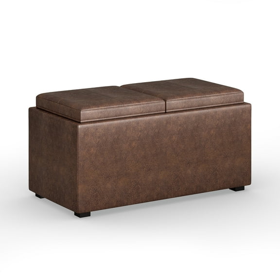 Simpli Home Avalon 35" Wd. 5 Pc Storage Ottoman in Distressed Chestnut Brown Faux Leather