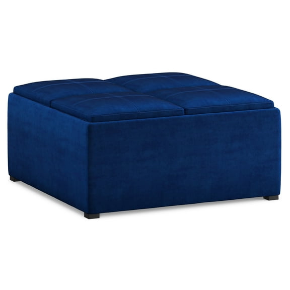 Simpli Home Avalon 35" Wide Coffee Table Storage Ottoman in Blue Velvet Fabric