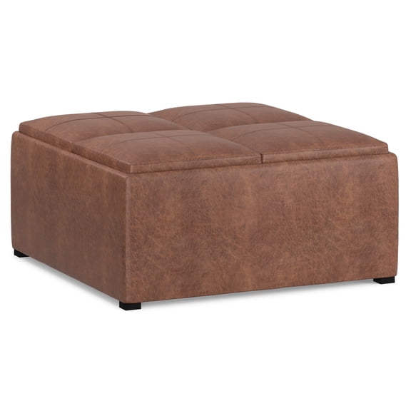 Avalon 35 inch Wide Contemporary Square Coffee Table Storage Ottoman in Distressed Umber Brown Vegan Leather