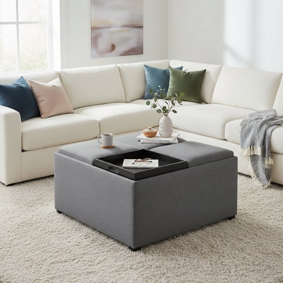 Simpli Home Avalon 35 inch Wide Solid Wood Coffee Table Storage Ottoman, Flint Grey