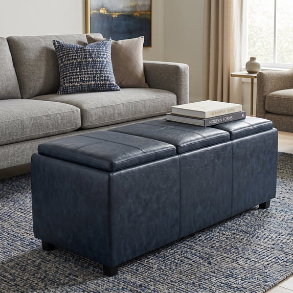 Avalon 42 inch Wide Contemporary Storage Ottoman in Denim Blue Vegan Leather
