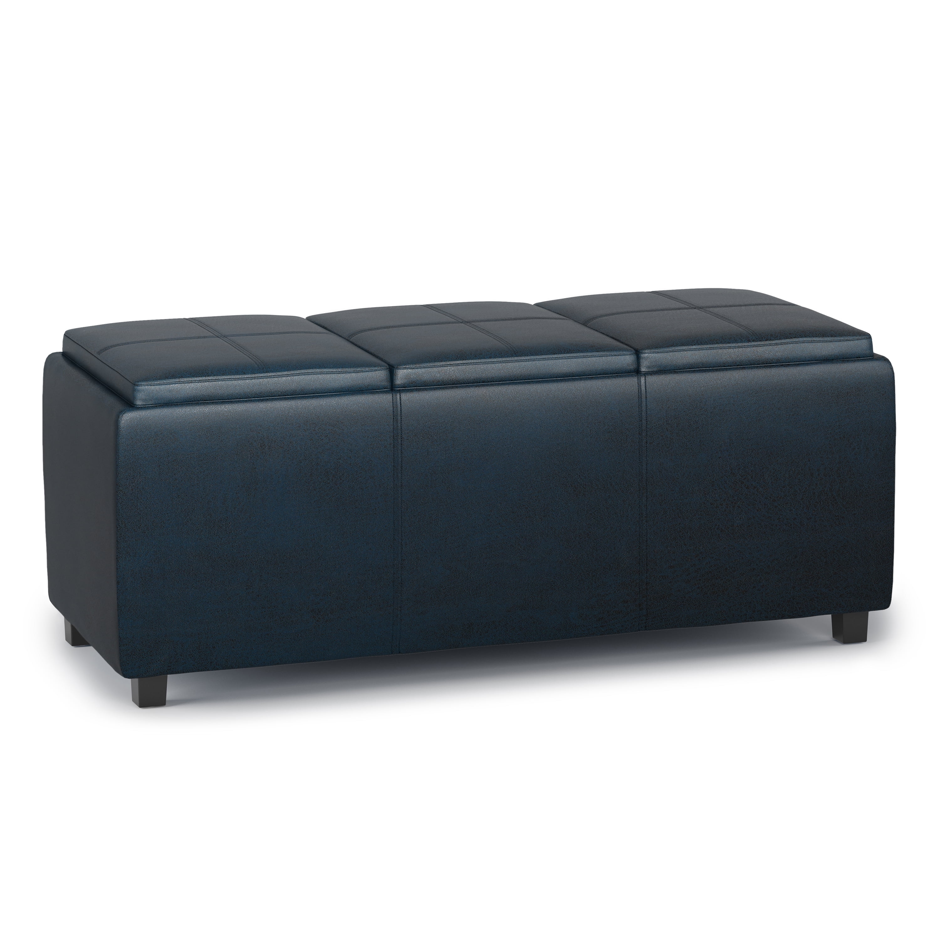 Avalon Distressed Dark Blue Faux Leather Storage Ottoman with Trays