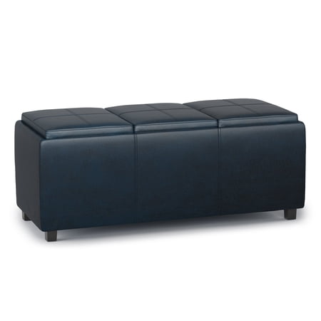 Avalon 42 inch Wide Contemporary Storage Ottoman in Distressed Dark Blue Vegan Leather