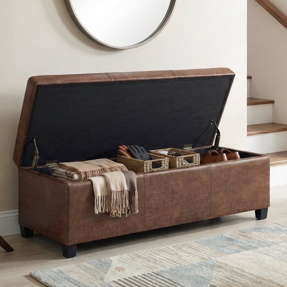 Avalon 48 inch Wide Contemporary Storage Ottoman Bench in Distressed Umber Brown Vegan Leather