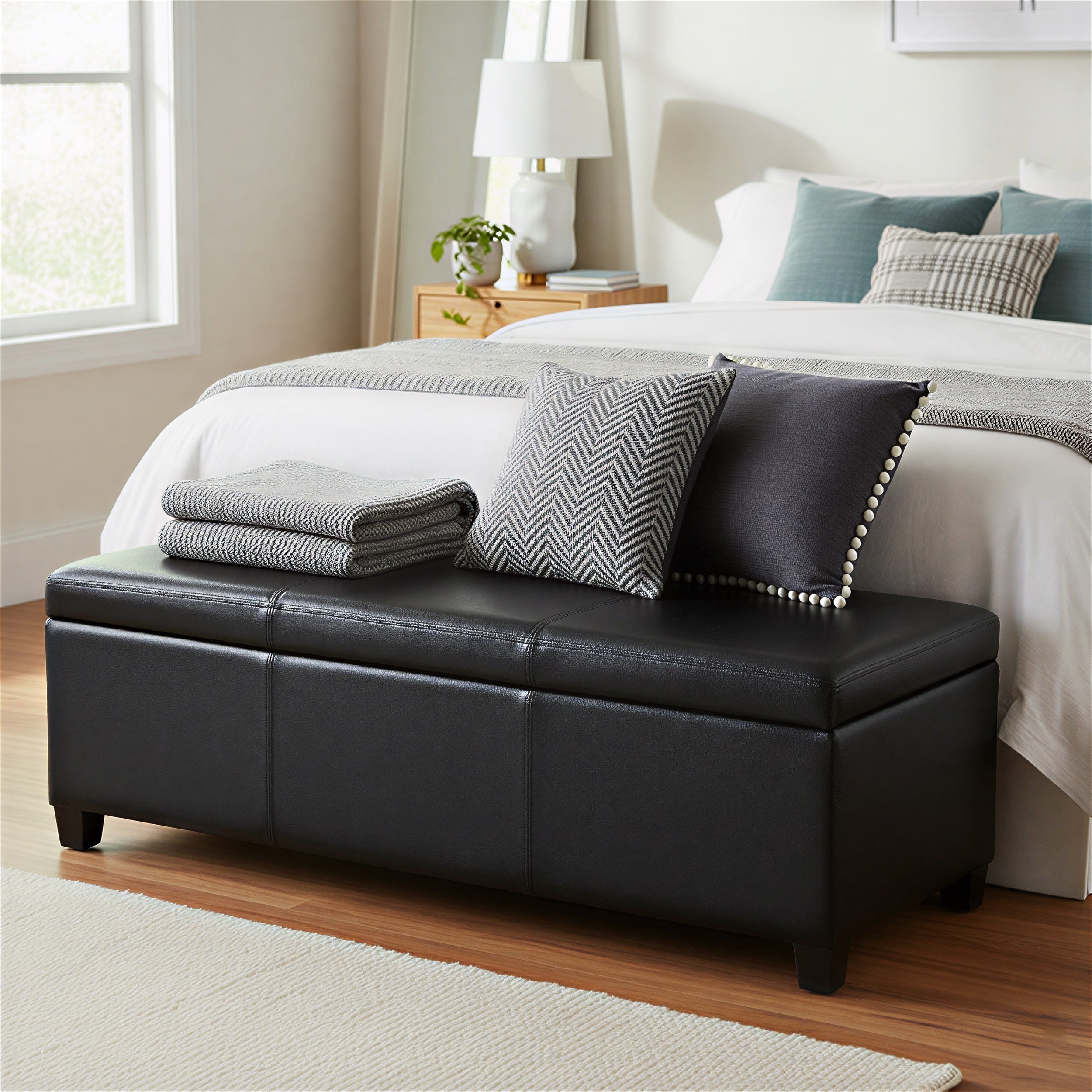 Simpli Home Avalon 48 inch Wide Solid Wood Rectangular Upholstered Storage Ottoman Bench, Carbon Black