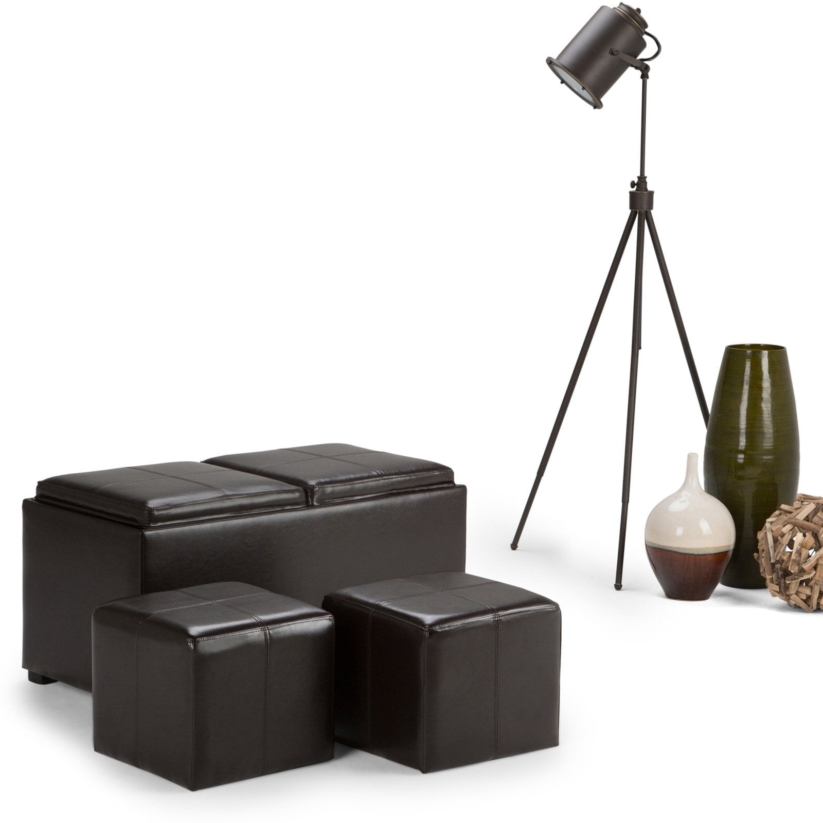 Brown Faux Leather 5-Piece Storage Ottoman Set