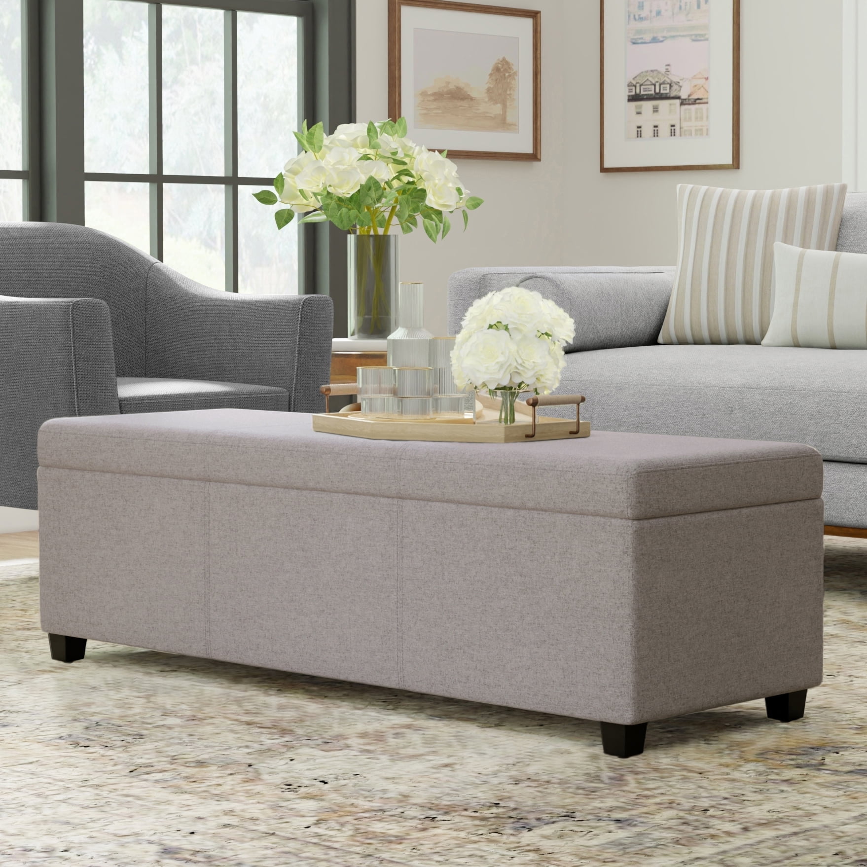 Simpli Home Avalon 54 inch Wide Contemporary Rectangle Extra Large Storage Ottoman Bench in Cloud Grey Polyester linen fabric