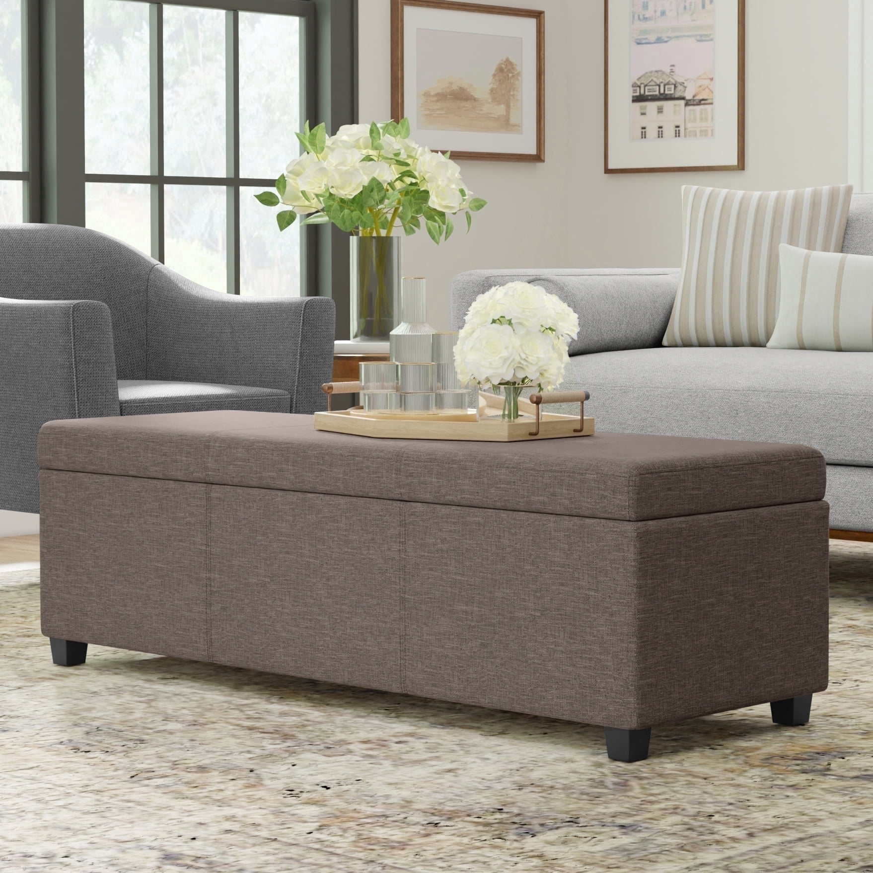 Avalon 54 inch Wide Contemporary Extra Large Storage Ottoman Bench in Fawn Brown Polyester Linen Fabric