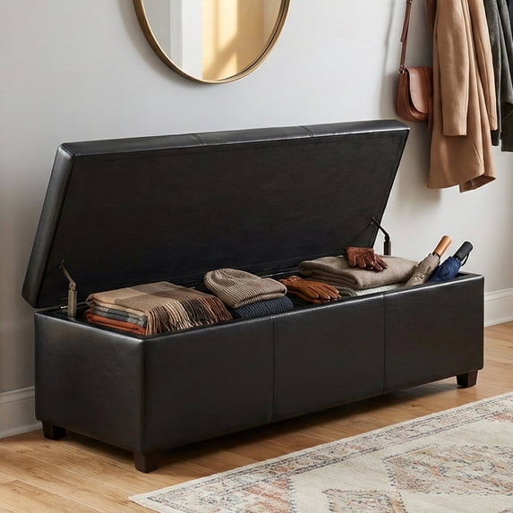 Avalon 54 inch Wide Contemporary Extra Large Storage Ottoman Bench in Midnight Black Vegan Leather