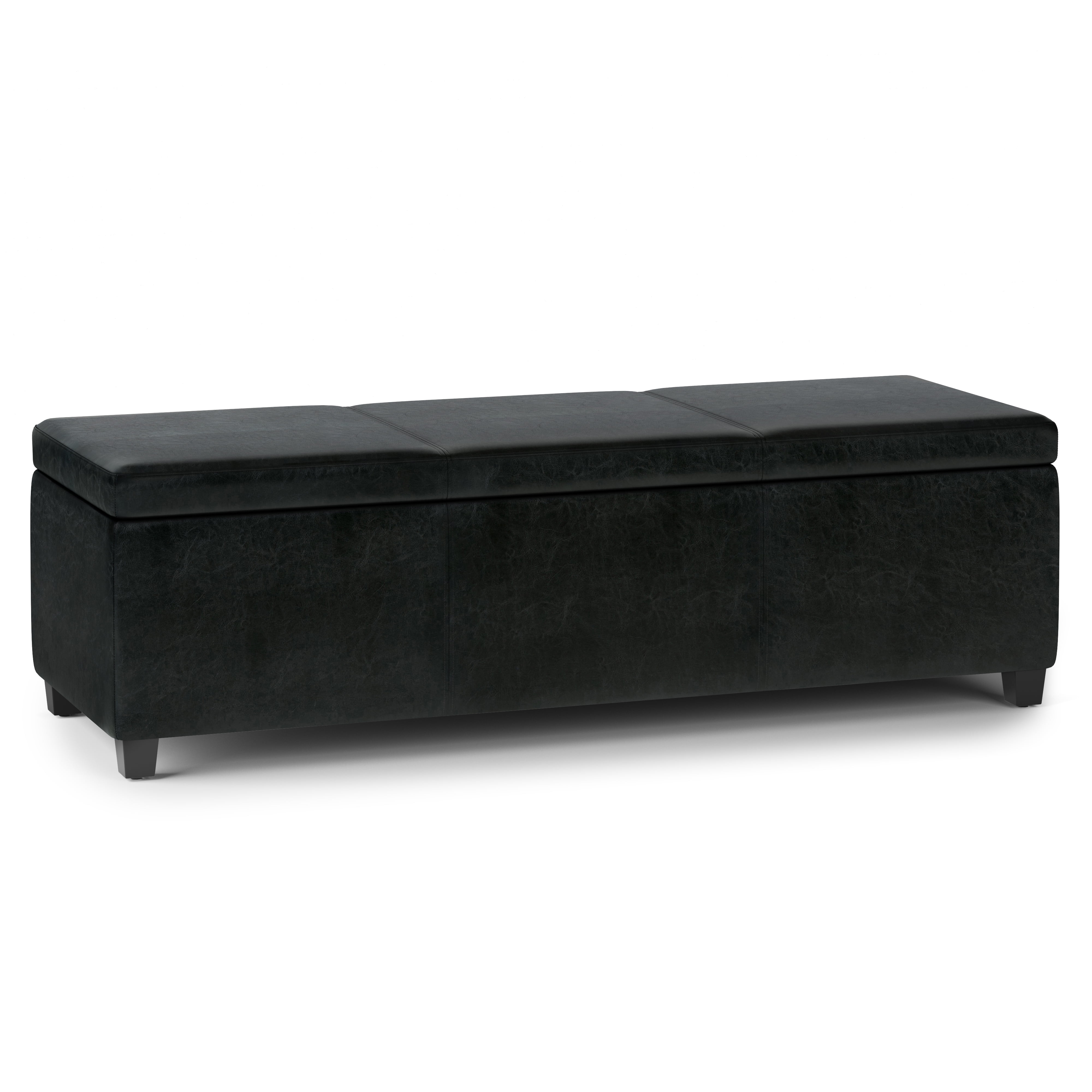 Midnight Black Faux Leather Extra Large Storage Ottoman Bench