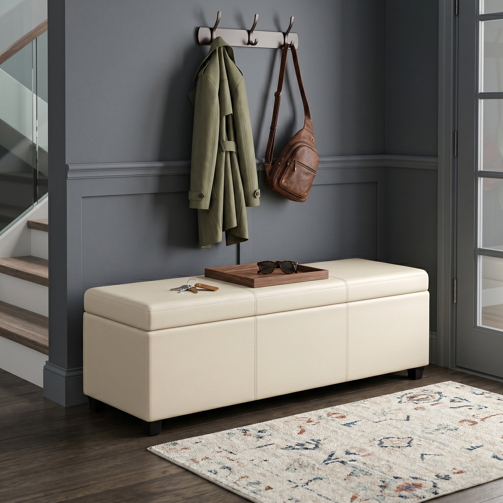 Simpli Home, Avalon Storage Ottoman Bench, 54 inch, Off-White
