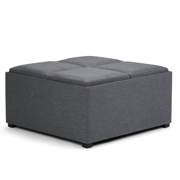Avalon 35 inch Wide Contemporary Square Coffee Table Storage Ottoman in Slate Grey Linen Look Fabric