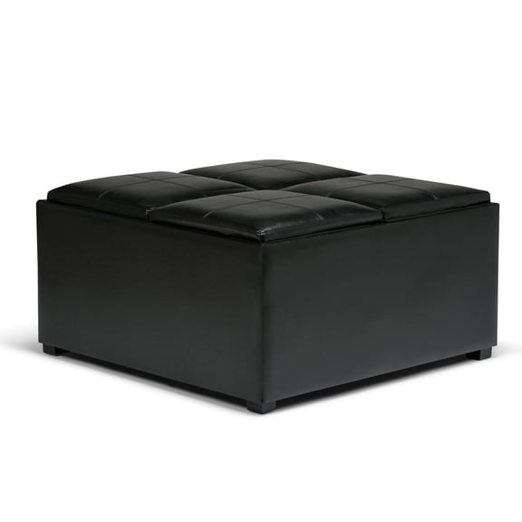 Simpli Home Avalon 35 inch Wide Contemporary Square Coffee Table Storage Ottoman in Midnight Black Vegan Leather