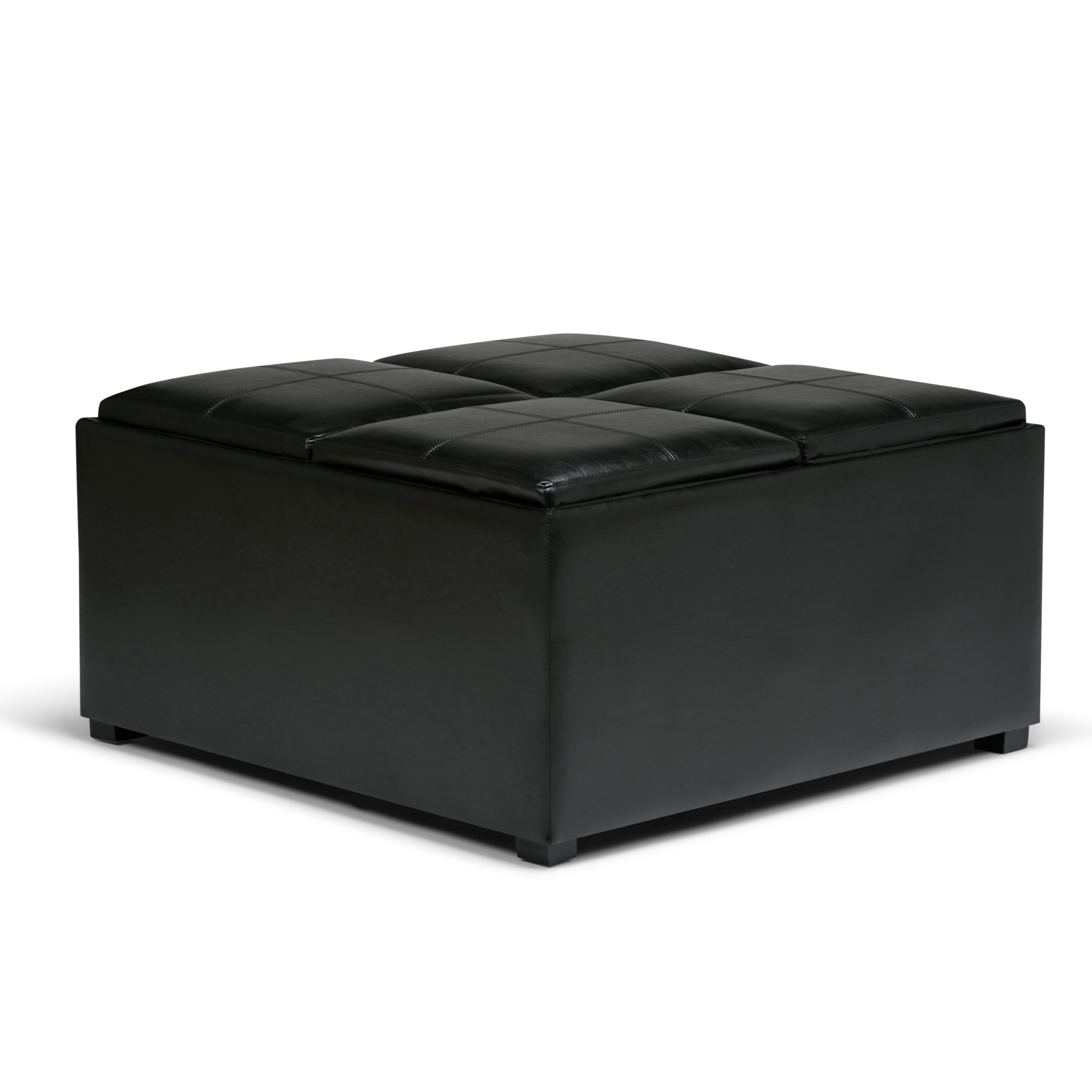Simpli Home Avalon 35 inch Wide Contemporary Square Coffee Table Storage Ottoman in Midnight Black Vegan Leather
