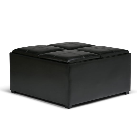 Simpli Home Avalon 35 inch Wide Contemporary Square Coffee Table Storage Ottoman in Midnight Black Vegan Leather