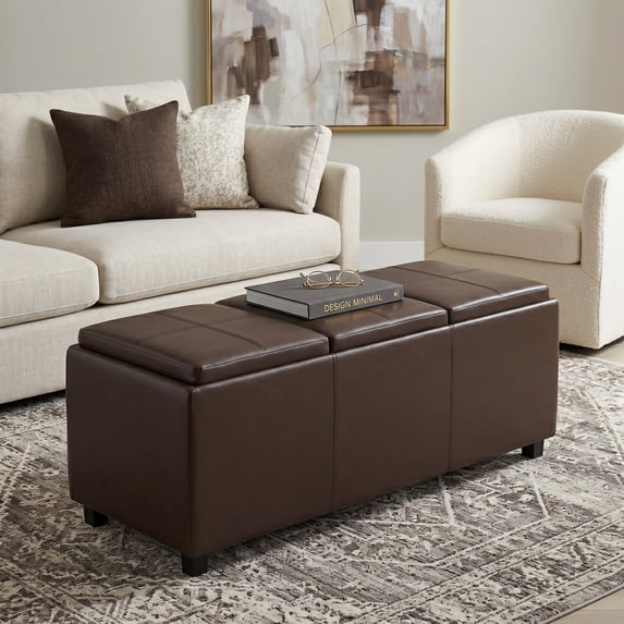 Simpli Home Avalon 3 Faux Leather Tray Bench in Chocolate Brown