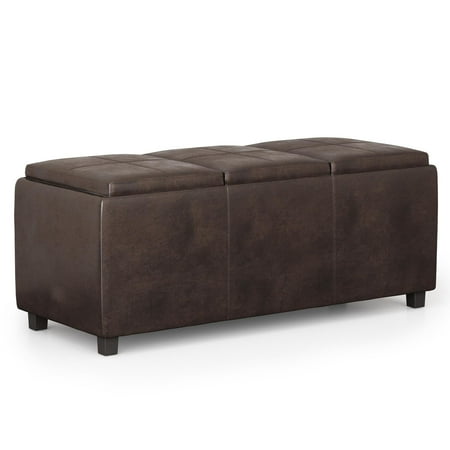 Simpli Home - Avalon 42 inch Wide Contemporary Rectangle Storage Ottoman in Faux Air Leather - Distressed Brown