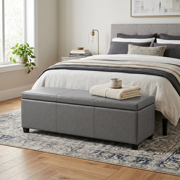 Avalon 48" W Rectangle Storage Ottoman Bench in Stone Gray Faux Leather