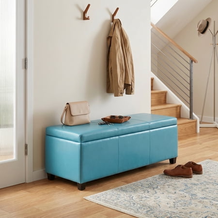Simpli Home Avalon Faux Leather Storage Bench in Soft Blue