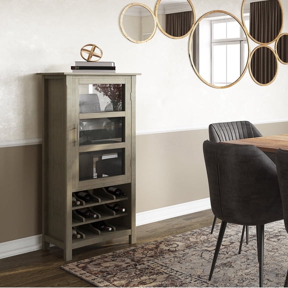 Simpli Home Avalon 22-inch-Wide Solid Wood 12-Bottle Wine Rack Storage Cabinet in Distressed Grey
