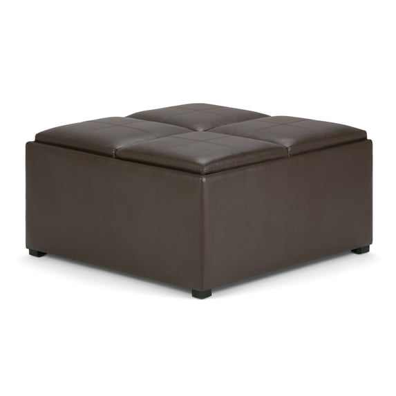 Simpli Home Avalon 35 inch Wide Contemporary Square Coffee Table Storage Ottoman in Chocolate Brown Vegan Leather