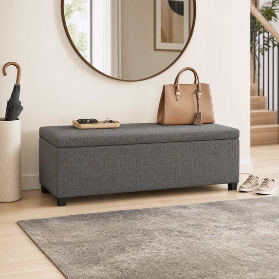 Avalon 48 inch Wide Contemporary Storage Ottoman Bench in Dark Grey Tweed Look Fabric