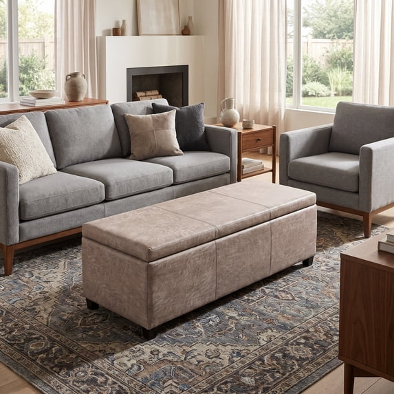 Simpli Home Avalon Faux Leather Storage Ottoman Bench in Distressed Gray Taupe