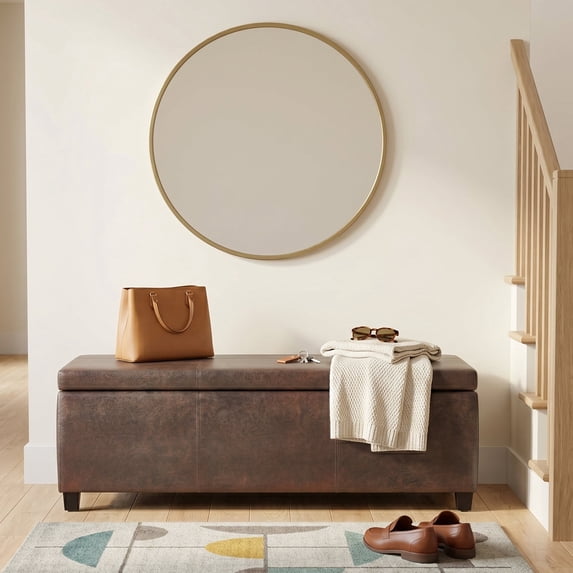 Simpli Home Avalon 48 inch Wide Contemporary Storage Ottoman Bench in Distressed Brown Vegan Leather
