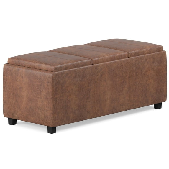 Avalon 42 inch Wide Contemporary Storage Ottoman in Distressed Saddle Brown Vegan Leather