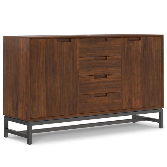 Simpli Home Banting and Metal 60 inch x 18 inch Rectangle Industrial Sideboard with Centre Drawers in Walnut Veneer