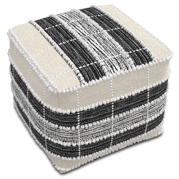 Simpli Home Barley 18 inch Wide Boho Square Pouf in White, Beige and Black Woven Polyester