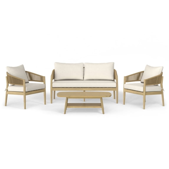 Simpli Home Bayshore Contemporary 4 Piece Outdoor Conversation Set in Natural Polyester Fabric