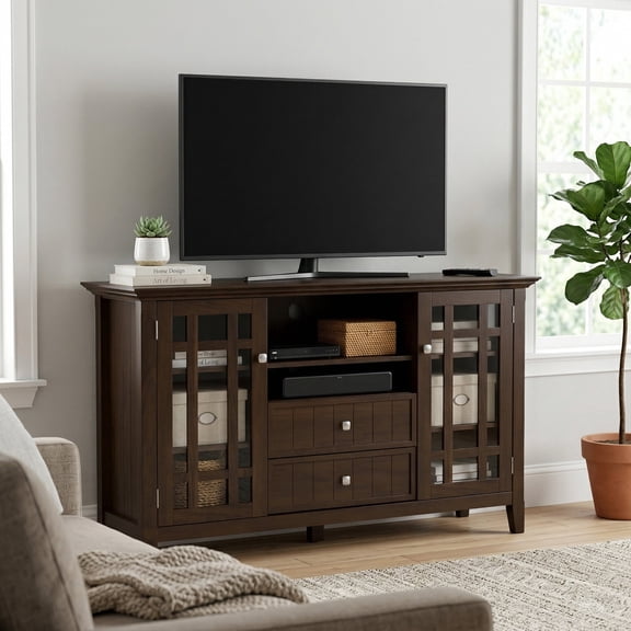 Simpli Home Bedford 53 inch Wide Solid Wood Tall TV Stand in Tobacco Brown For TVs up to 60 inches
