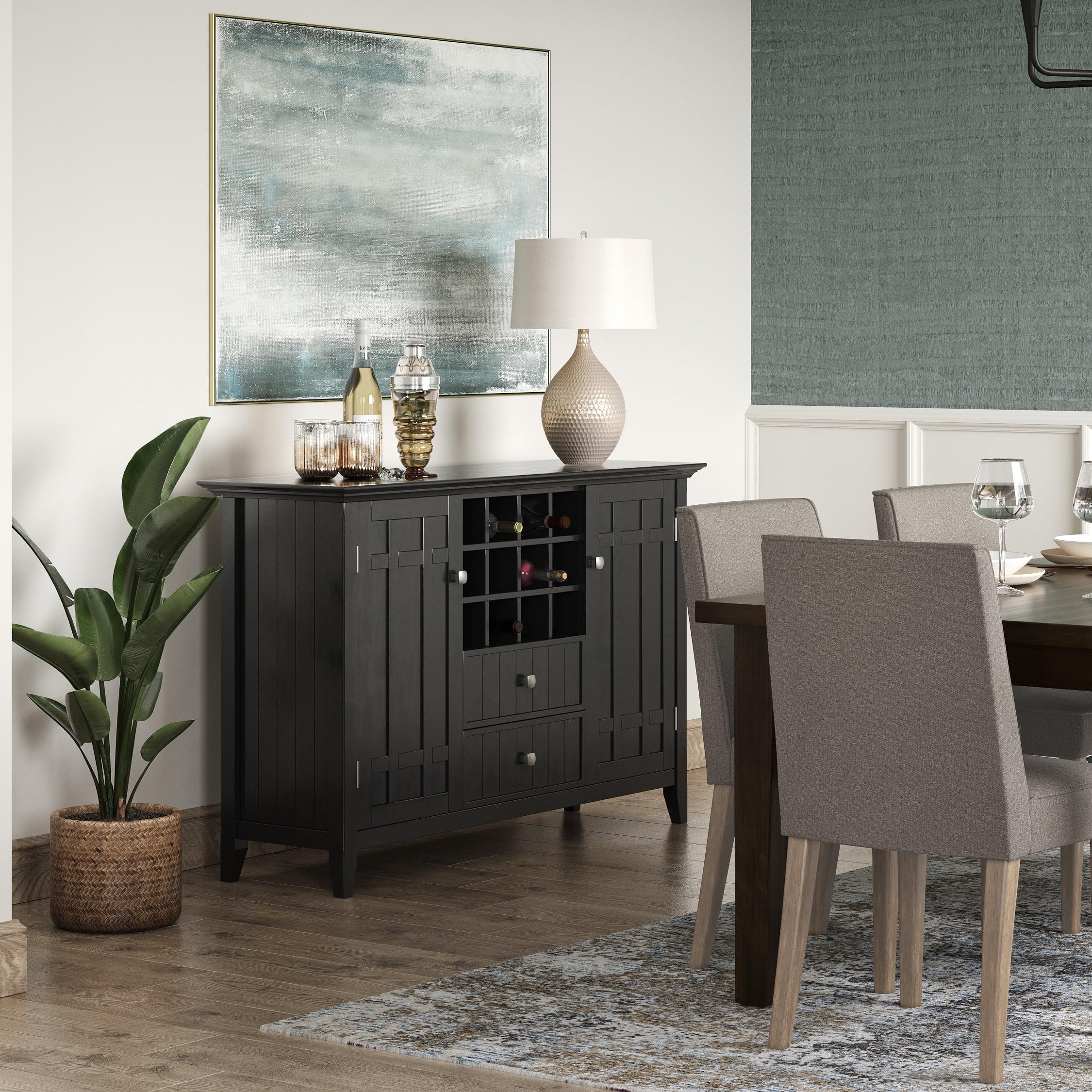 Bedford Black Solid Wood 54" Sideboard Buffet with Wine Rack