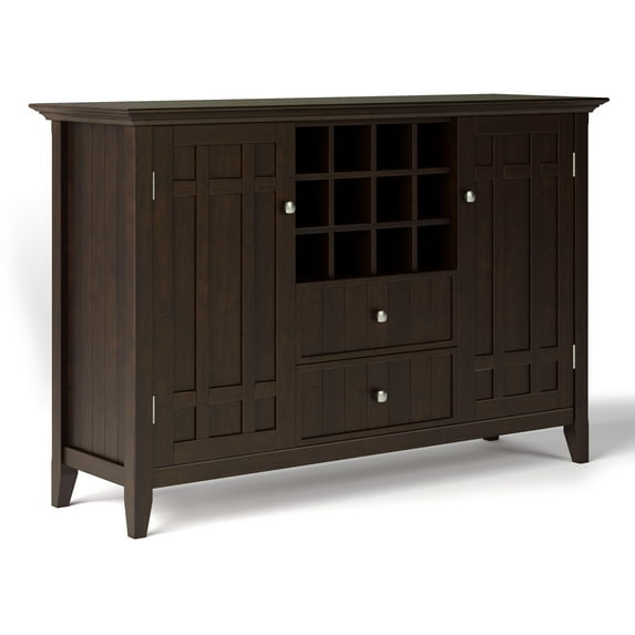Simpli Home Bedford Wood 54" Transitional Sideboard Buffet and Wine Rack in Dark Chestnut Brown
