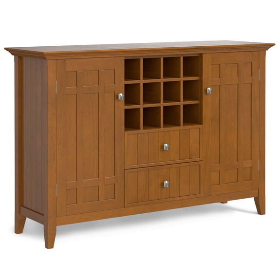 Simpli Home Bedford 54 inch Wide Solid Wood Transitional Sideboard Buffet and Wine Rack in Light Golden Brown