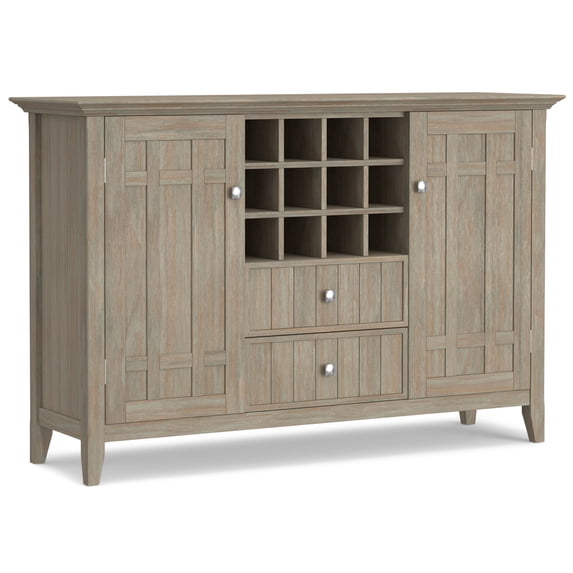 Simpli Home Bedford 54 inch Wide Solid Wood Transitional Sideboard Buffet and Wine Rack in Distressed Grey