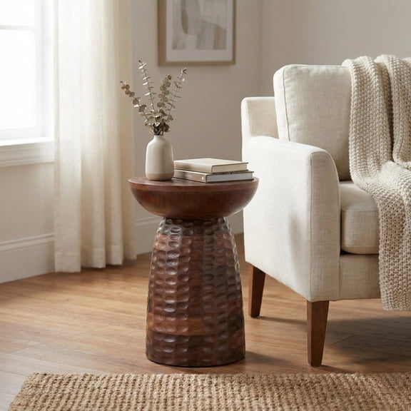 Simpli Home Boyd 13 inch Wide Solid Mango Wood Round Accent Table, Warm Auburn Brown